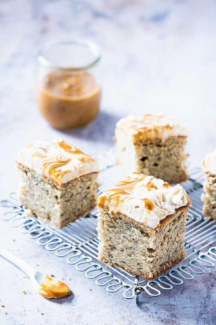 Banana bread with dulce de leche and whipped cream