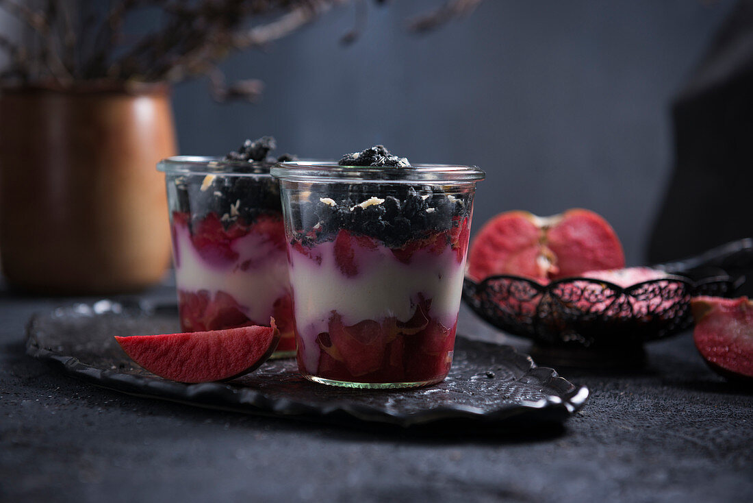 Red Moon apple compote with soya yoghurt and active charcoal sprinkles