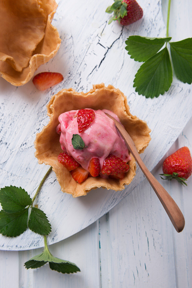 Strawberry nice cream in a wafer bowl