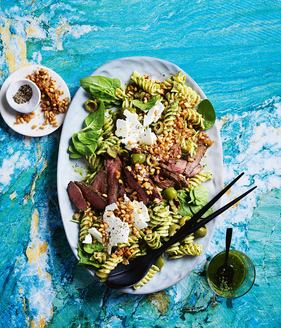 Fusilli with lamb, pesto and Sicilian olives