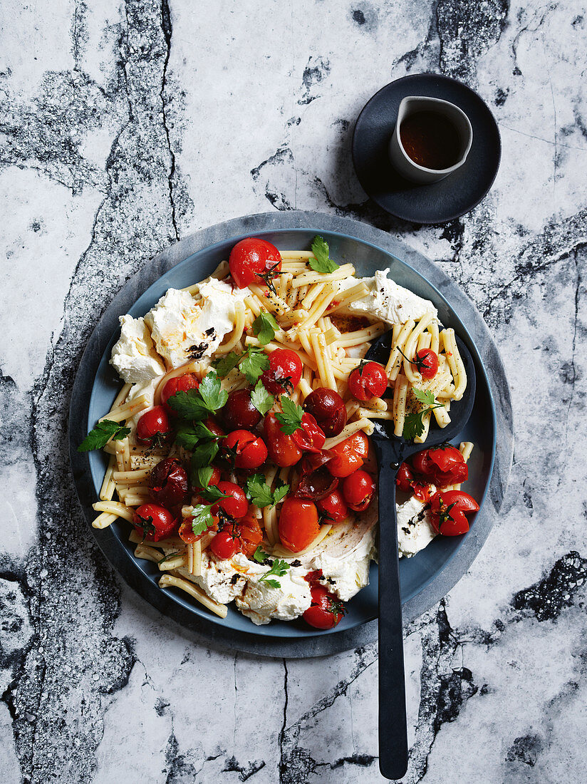 Casarecce with labneh, tomatoes and herbs