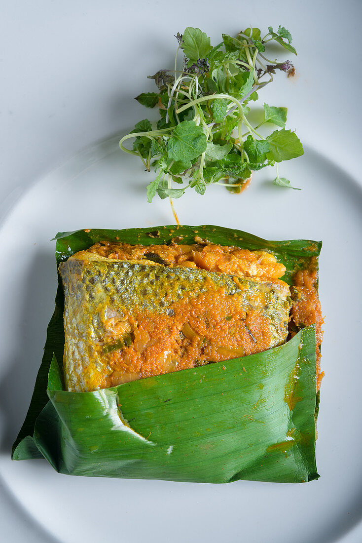 Close up of Spiced Seabass Wrapped in Banana Leaf