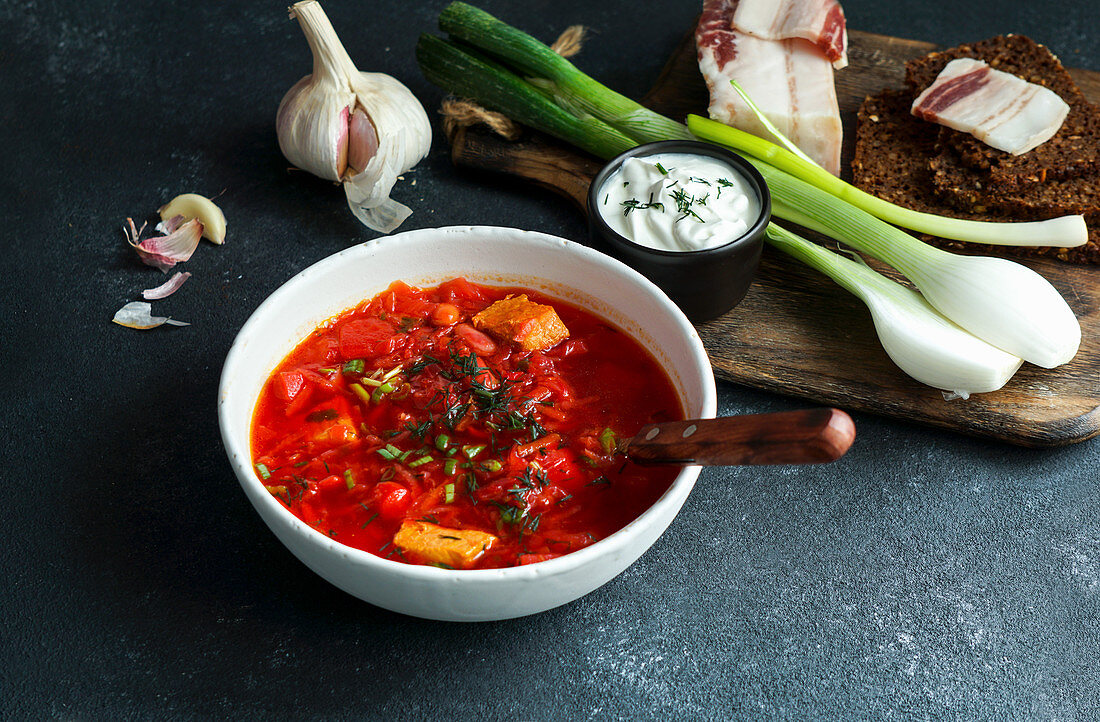 Borschtsch (Rote-Bete-Suppe, Russland, Ukraine) mit Schweinebauch und Frühlingszwiebeln