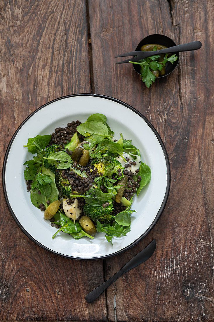 Grüner Salat mit Brokkoli, Essiggurken, Spinat und Linsen