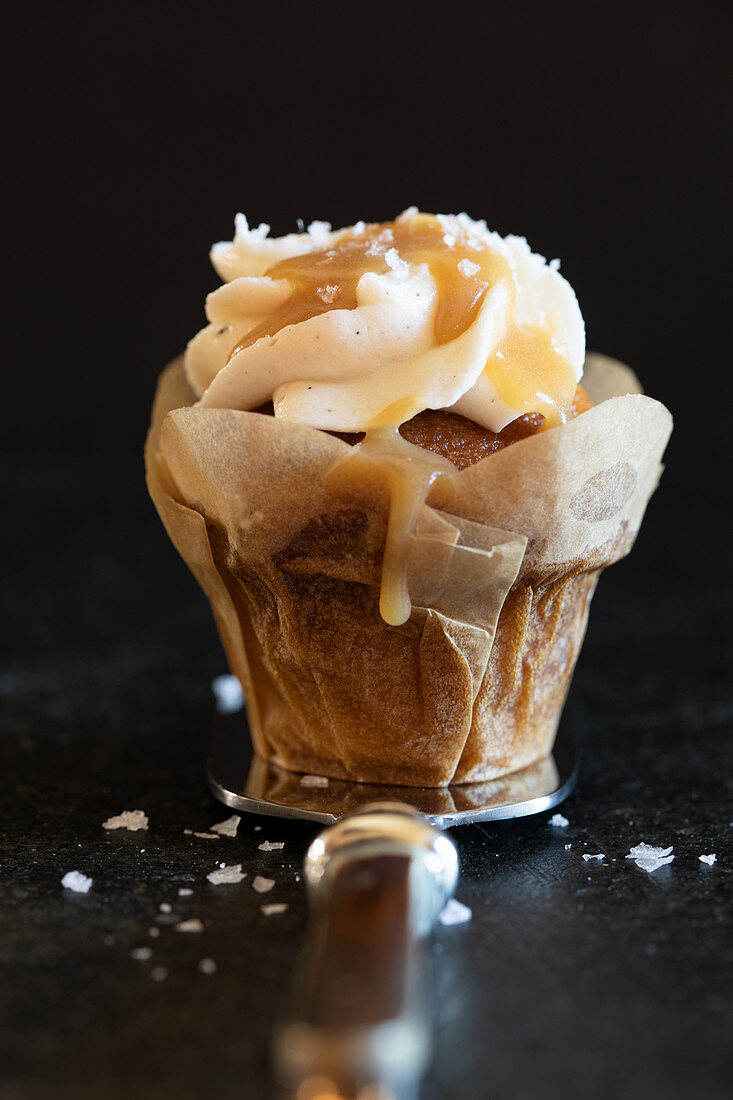 A cupcake in a paper case