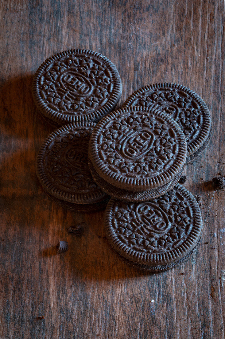 Oreo cookies on a wooden surface