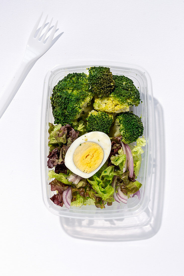 Gesunde Lunchbox mit Brokkoli, Salat und Ei