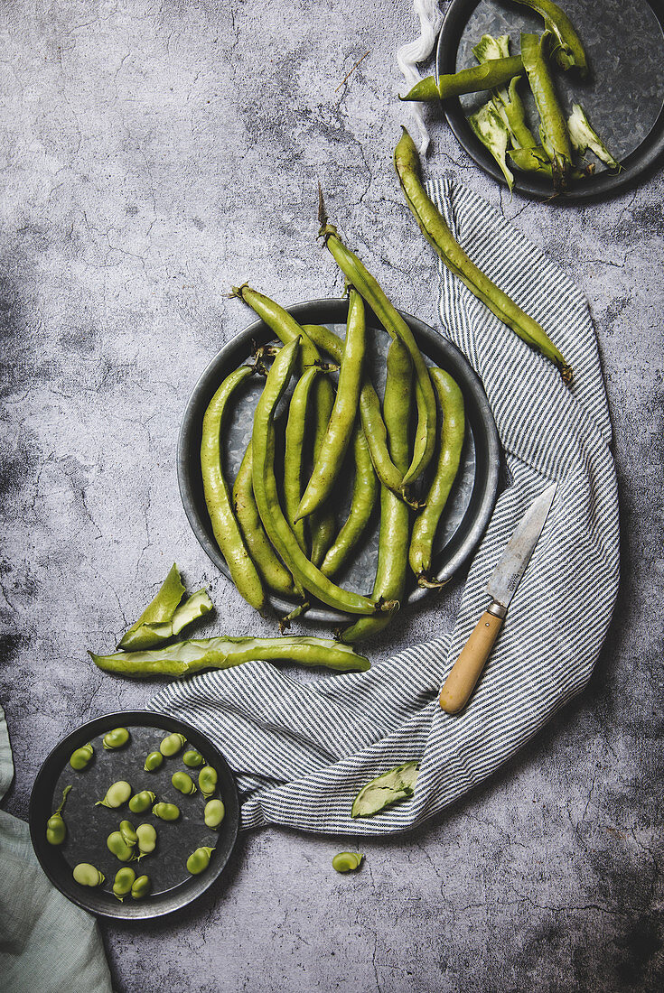 Beans served on dish on gray background