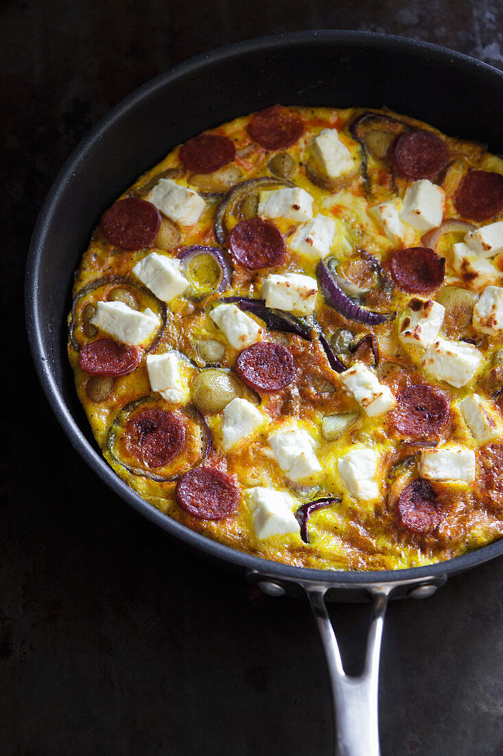 Frittata with feta cheese, chorizo, red onion and potatoes