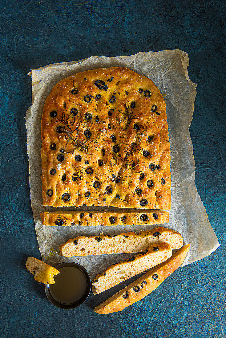 Homemeade olive oil and black olive foccacia with rosemary