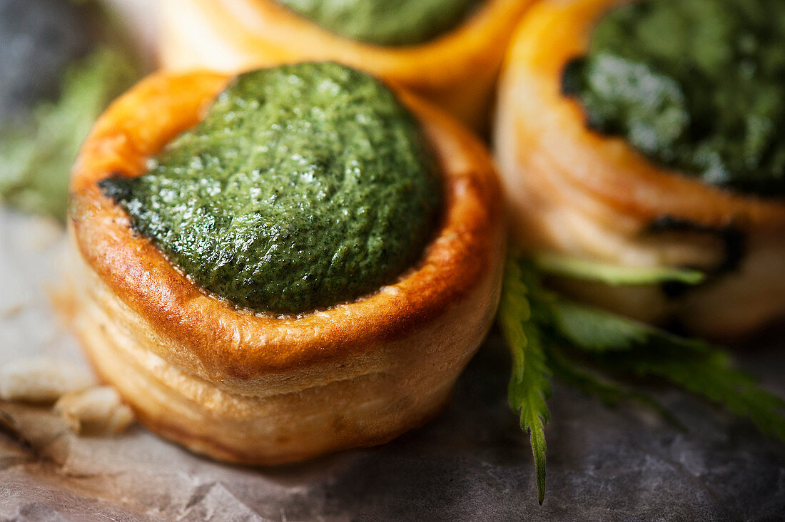Vol au vent with nettle cream on backing paper