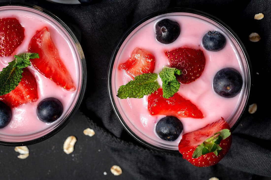 Homemade yogurt with strawberries, blueberries and cereals