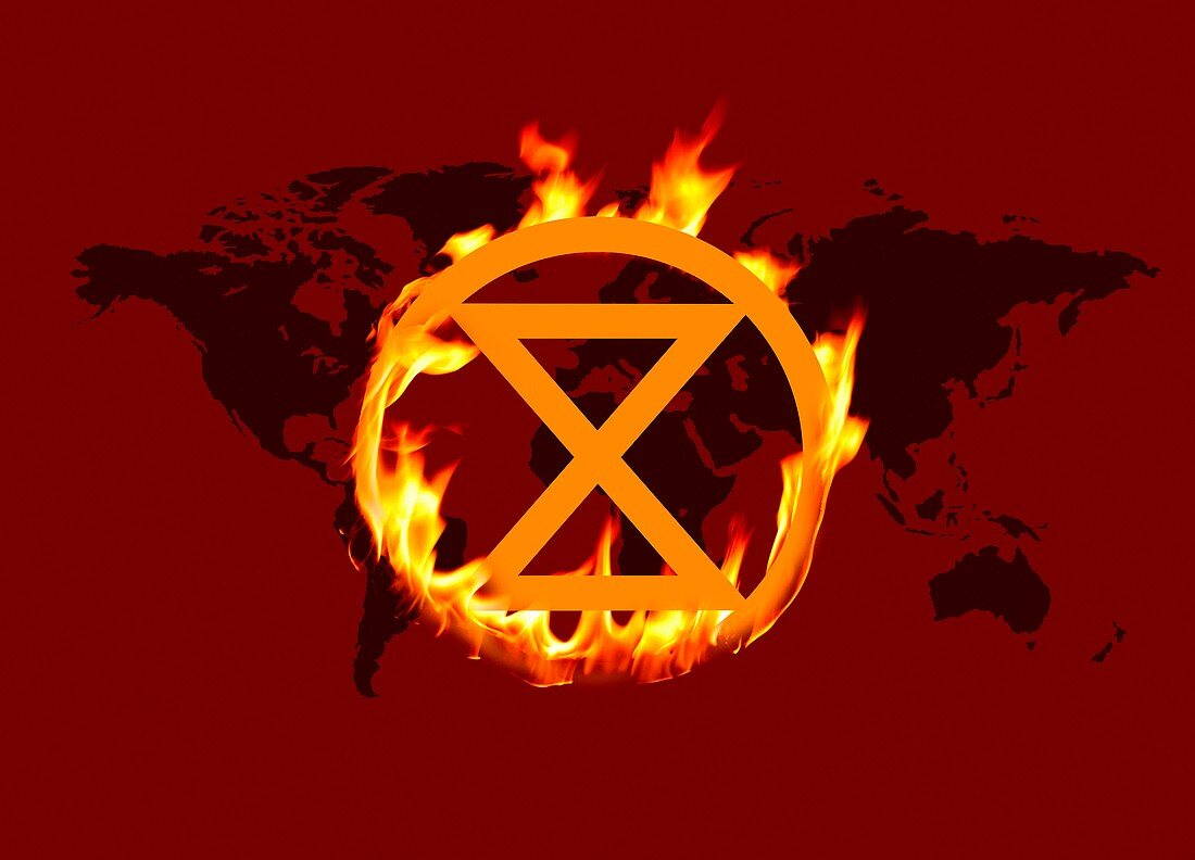 Extinction rebellion logo and Earth, illustration