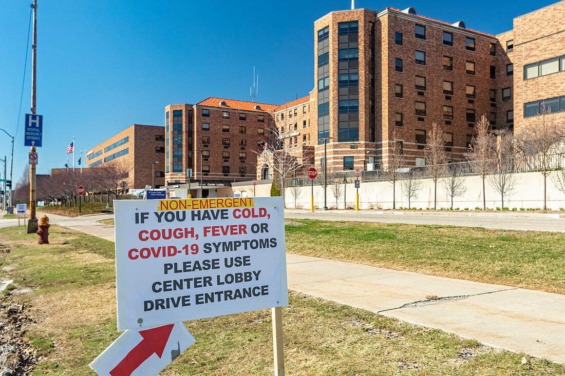 Coronavirus sign outside hospital, Detroit, Michigan, USA