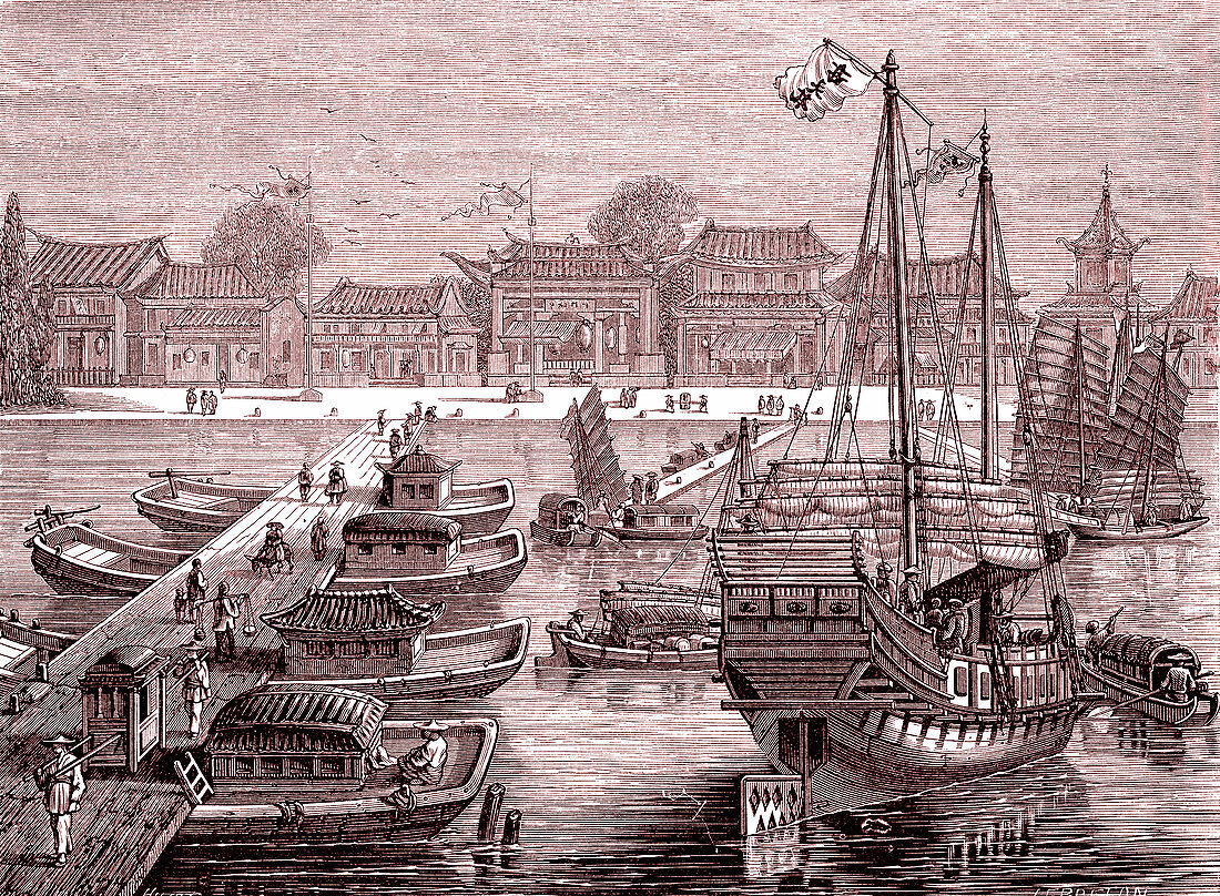 Tianjin harbour, China, 19th century illustration