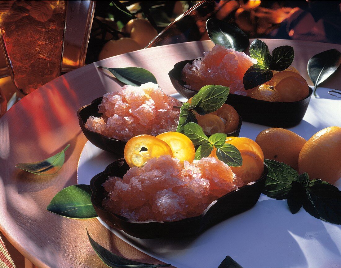 Three Servings of Campari Sorbet with Kumquats