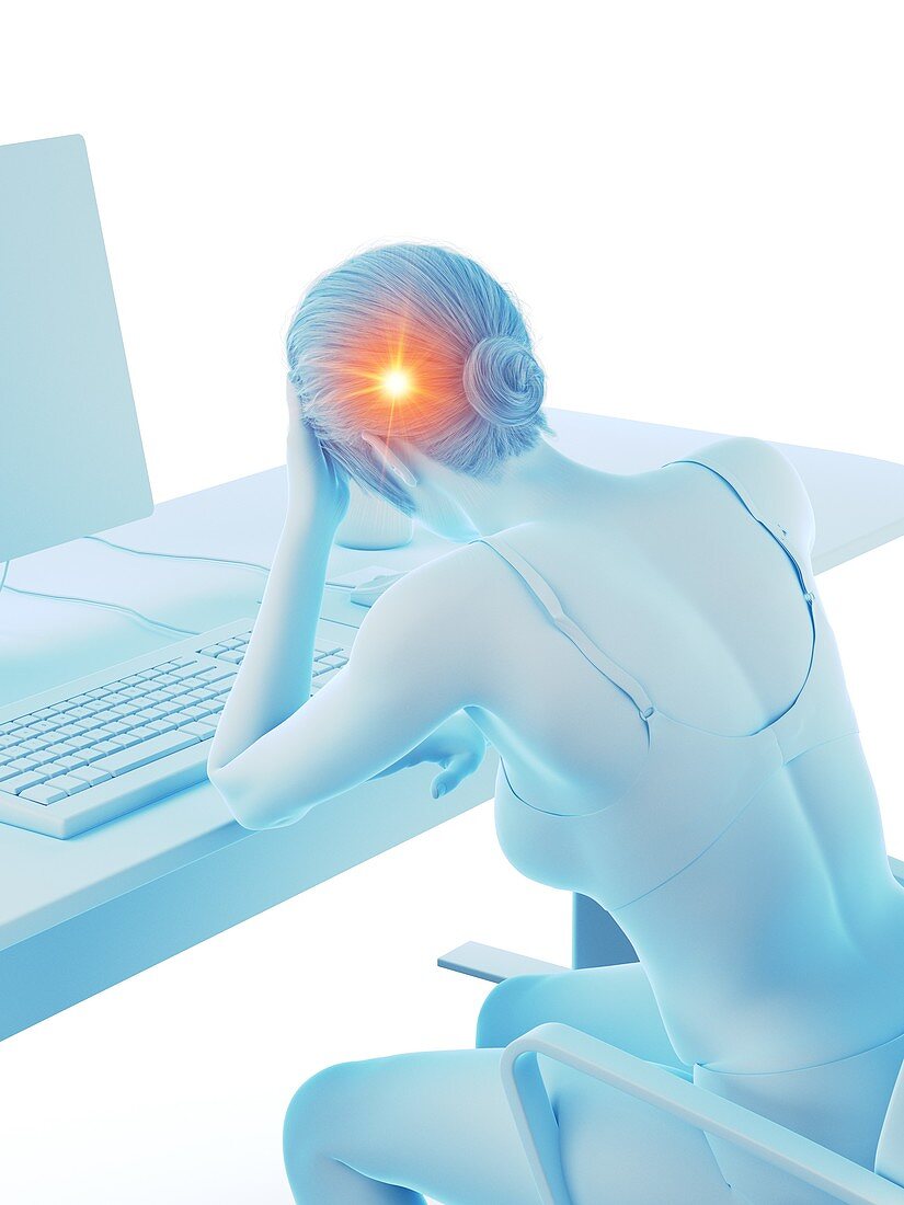 Woman with a headache while working, illustration