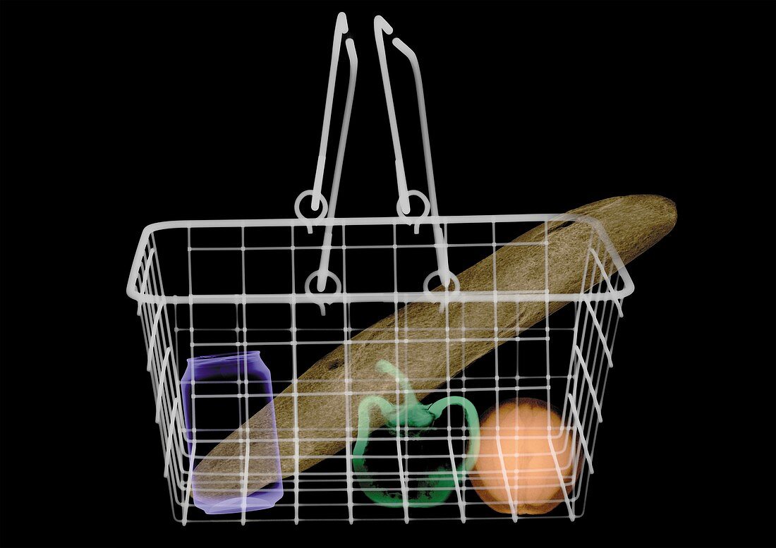 Wire basket containing shopping, X-ray