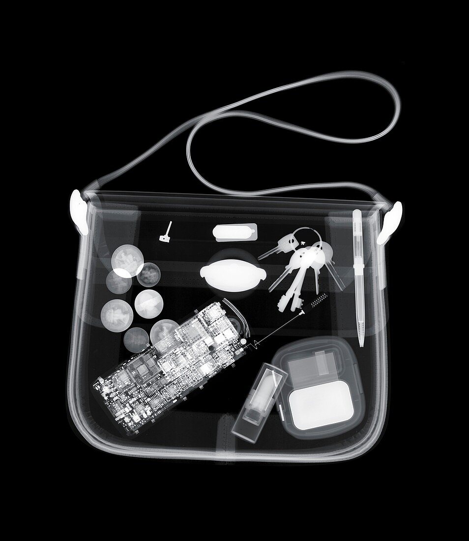 Handbag with various items, X-ray