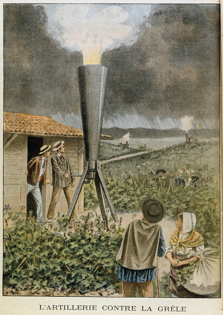 Firing a cannon into clouds to prevent a hail storm, 1901