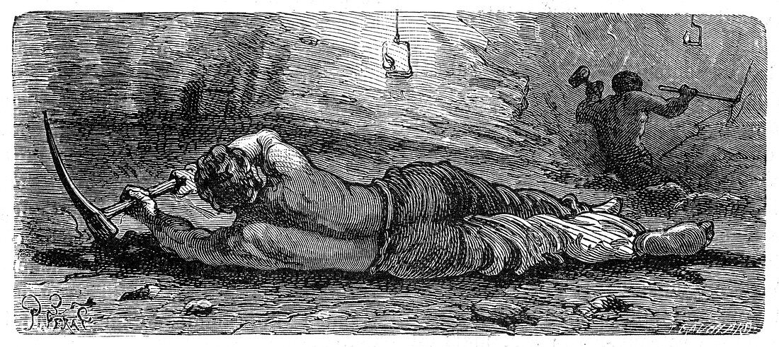 Early 19th century coal miner working a narrow seam, c1868.