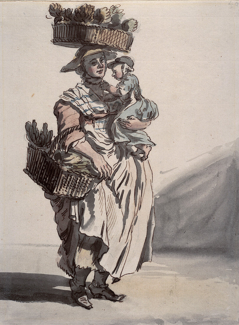 A London green vegetable seller carrying a child, 1759