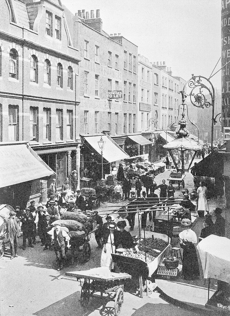 A market in Little Earl Street, looking east, East London