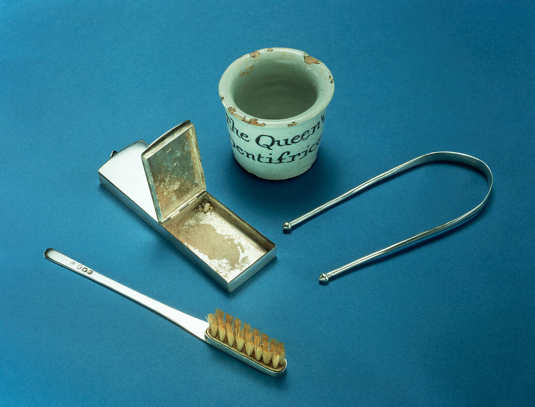 Toothbrush, dental powder and tongue-scraper, 18th century