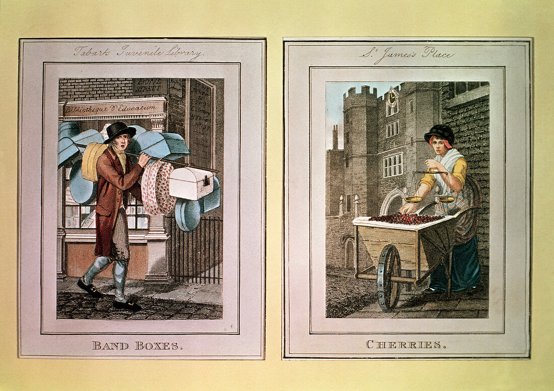 Street sellers selling band boxes and cherries, 1798