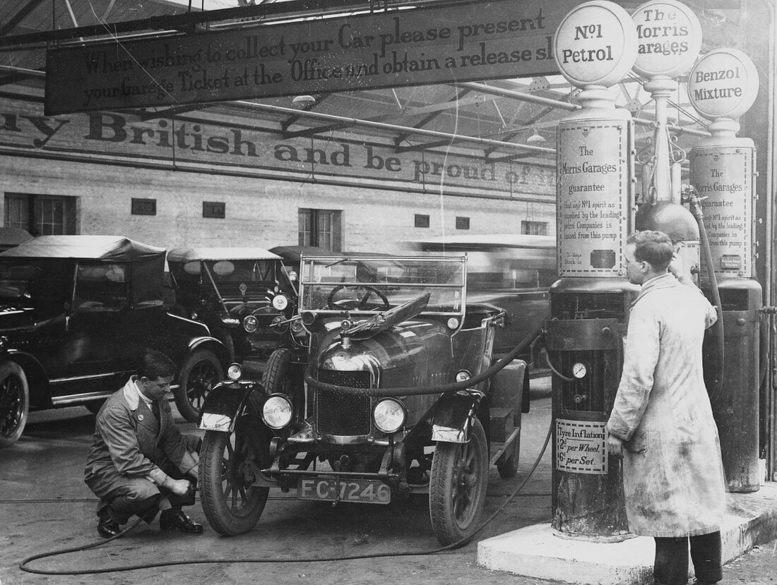 Morris Cowley Bullnose in a garage, 1925