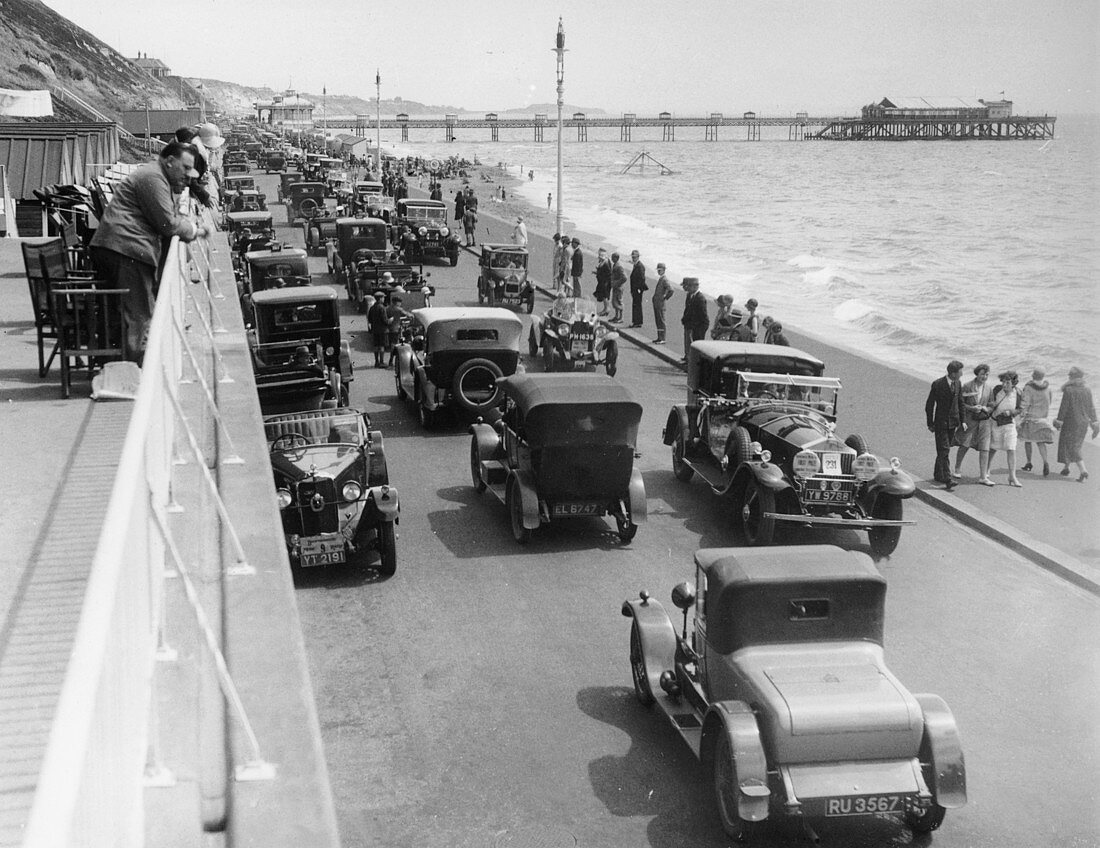 Cars driving along Bournemouth seafront, Dorset, 1928