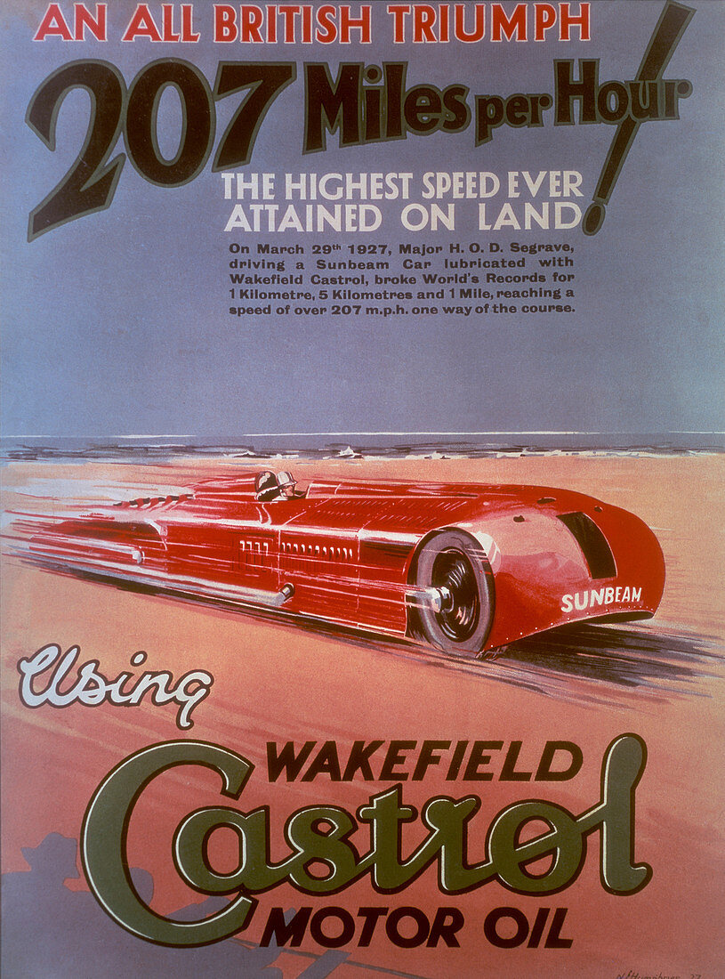 Poster advertising Castrol, featuring a Sunbeam car