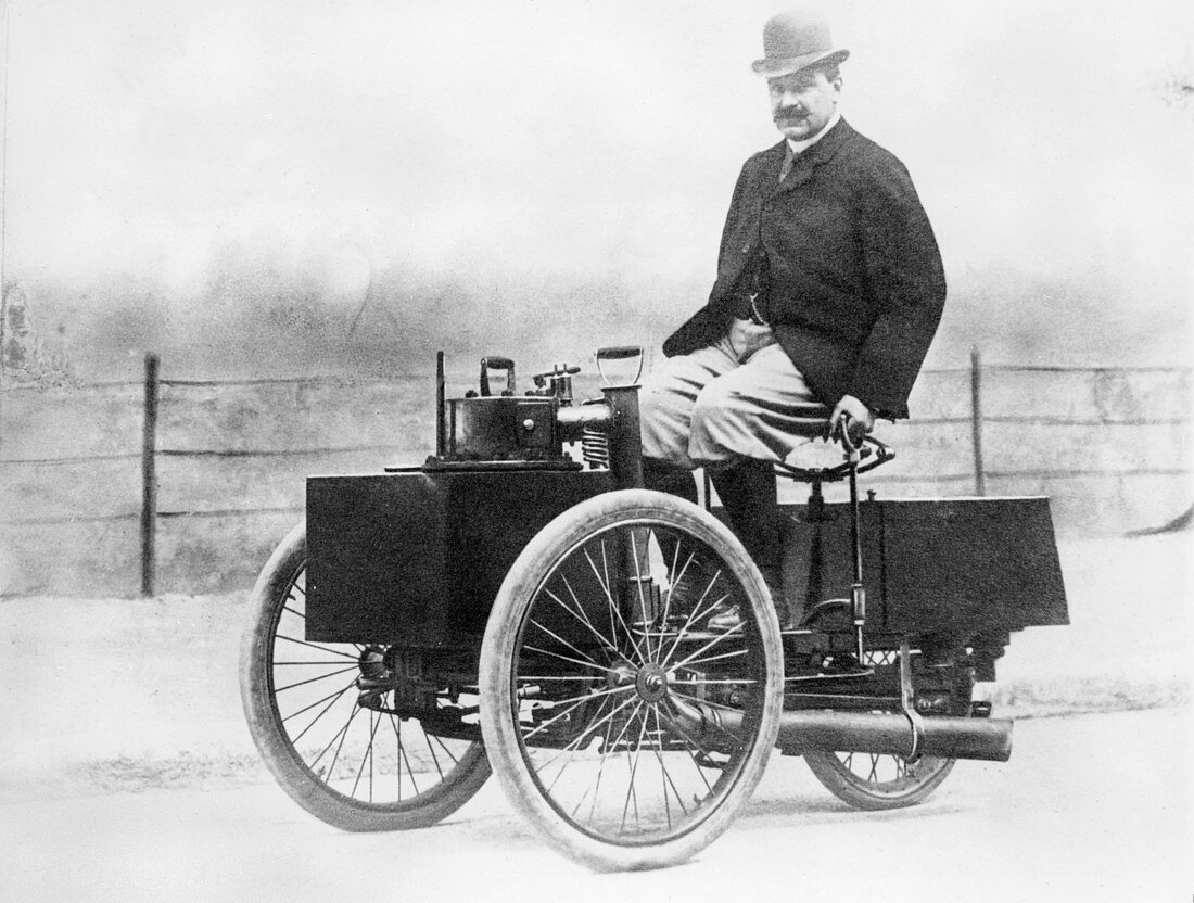 Albert de Dion on a steam tricycle, 1888