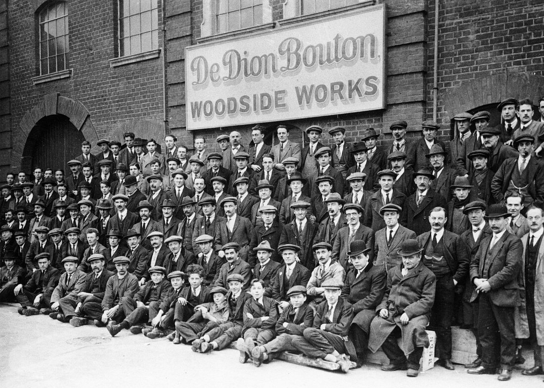 Workers outside the British De Dion Bouton works, 1920s