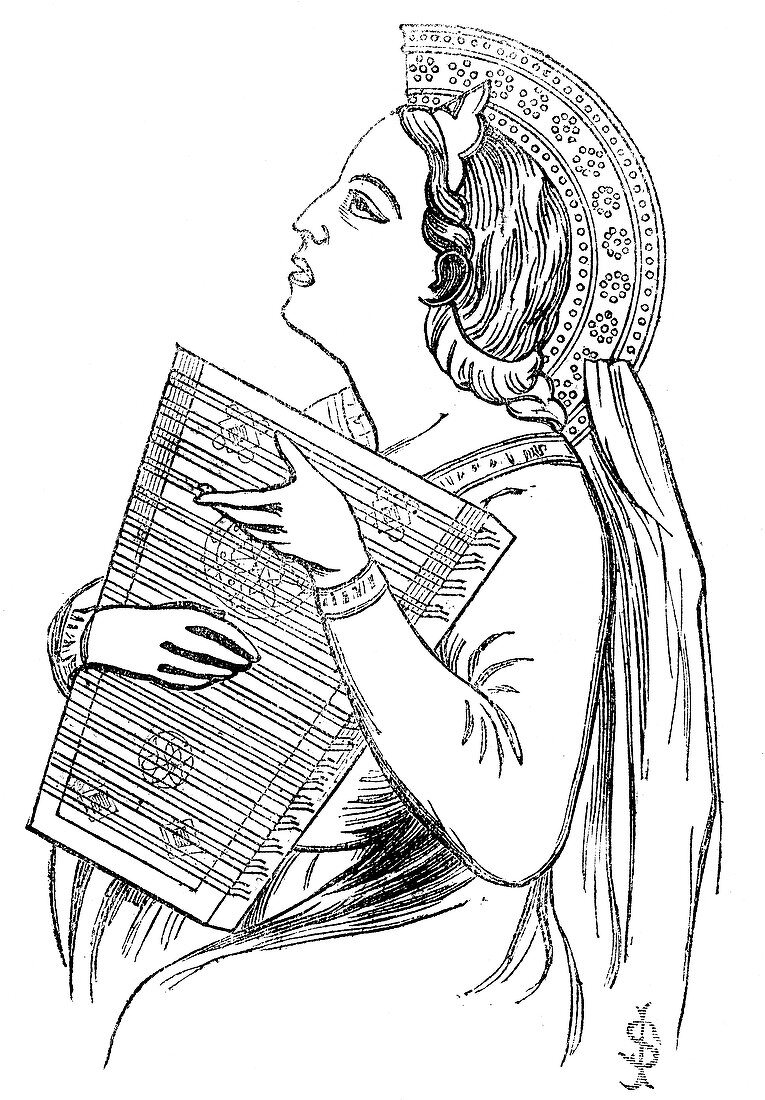Woman playing a playing a Psaltery, c1840