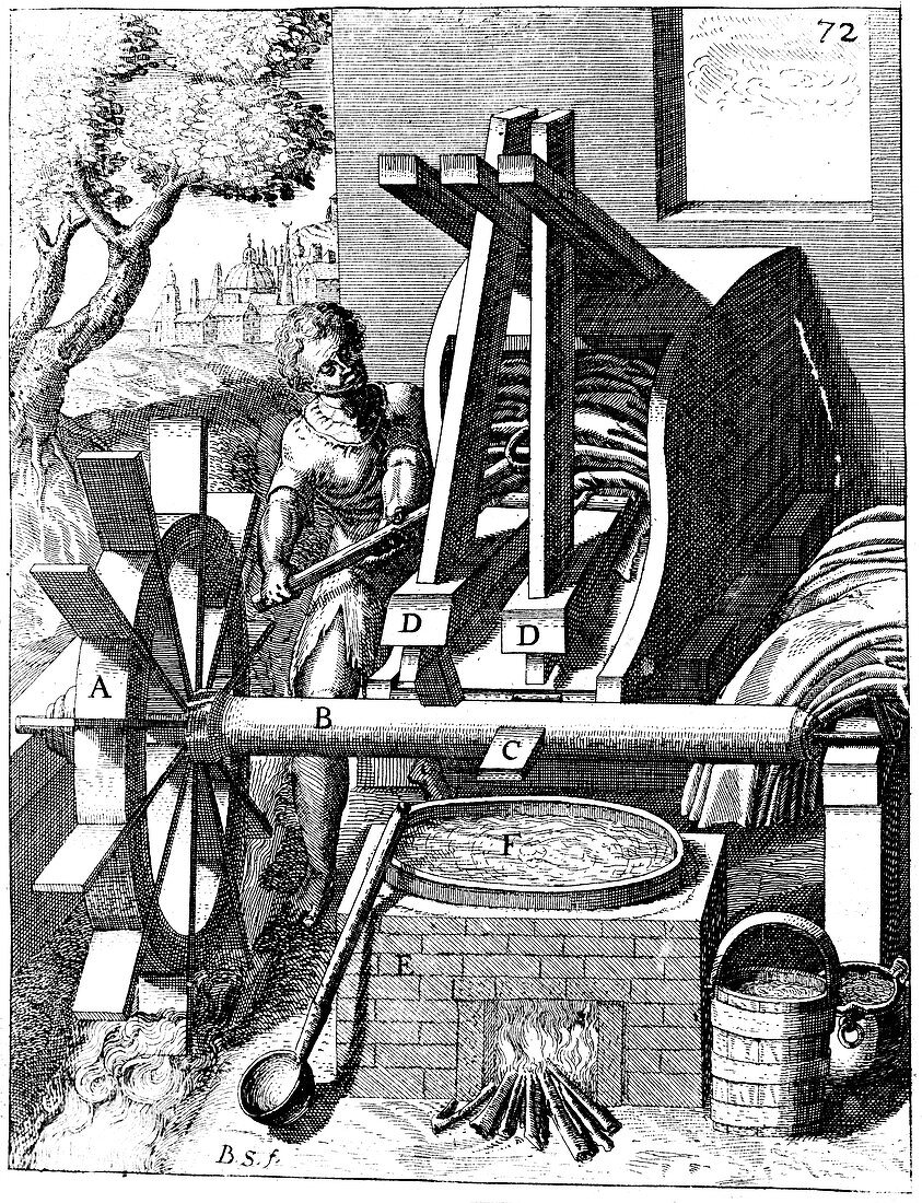 Undershot water wheel powering a fulling mill, 1673