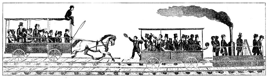 Race between locomotive and horse-drawn carriage, 1829