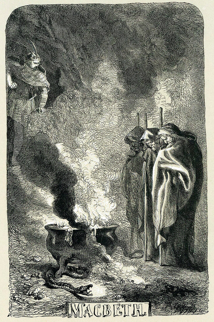 Macbeth visiting the three witches on the blasted heath