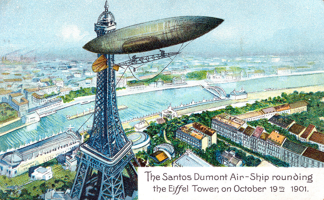 The Santos Dumont Air-ship rounding the Eiffel Tower, 1901'