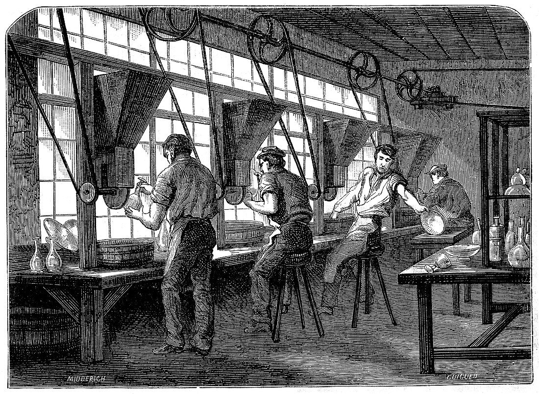 Glass cutters at their wheels, c1870