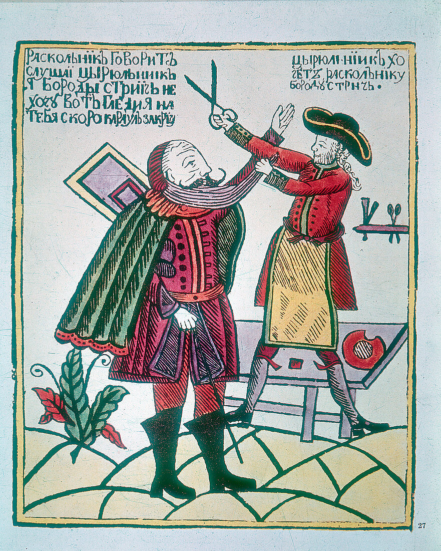 Peter I, the Great, Tsar of Russia, cutting a Boyar's beard