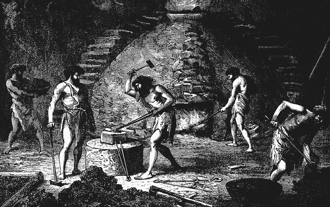 Artist's reconstruction of a late Iron Age forge, 1890