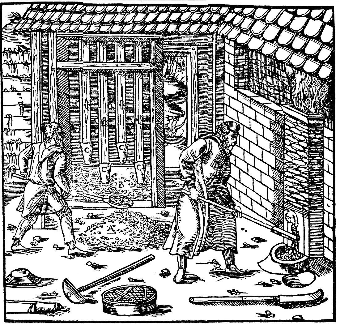 Stamping and roasting ore to extract metal, 1556