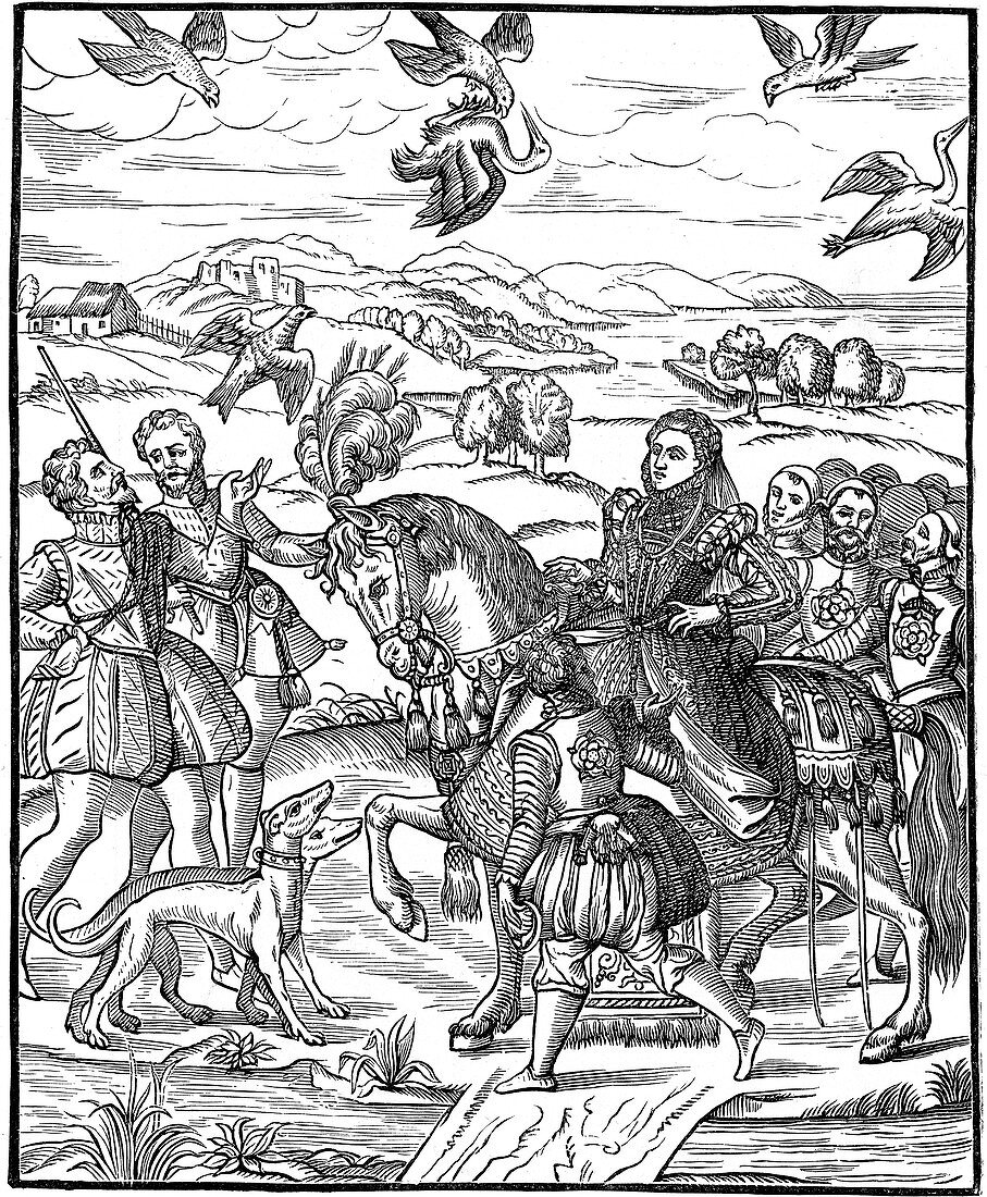 Queen Elizabeth I and her attendants out hawking, 1575