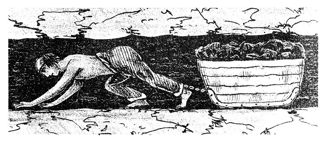 Boy 'putter' dragging a sledge of coal along a narrow seam