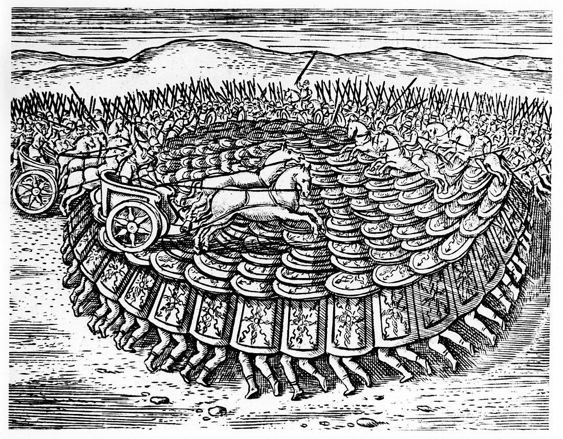 Roman soldiers making a 'tortoise' with their shields, 1605
