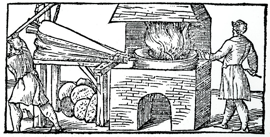 Using bellows to increase the draught in a furnace, 1540