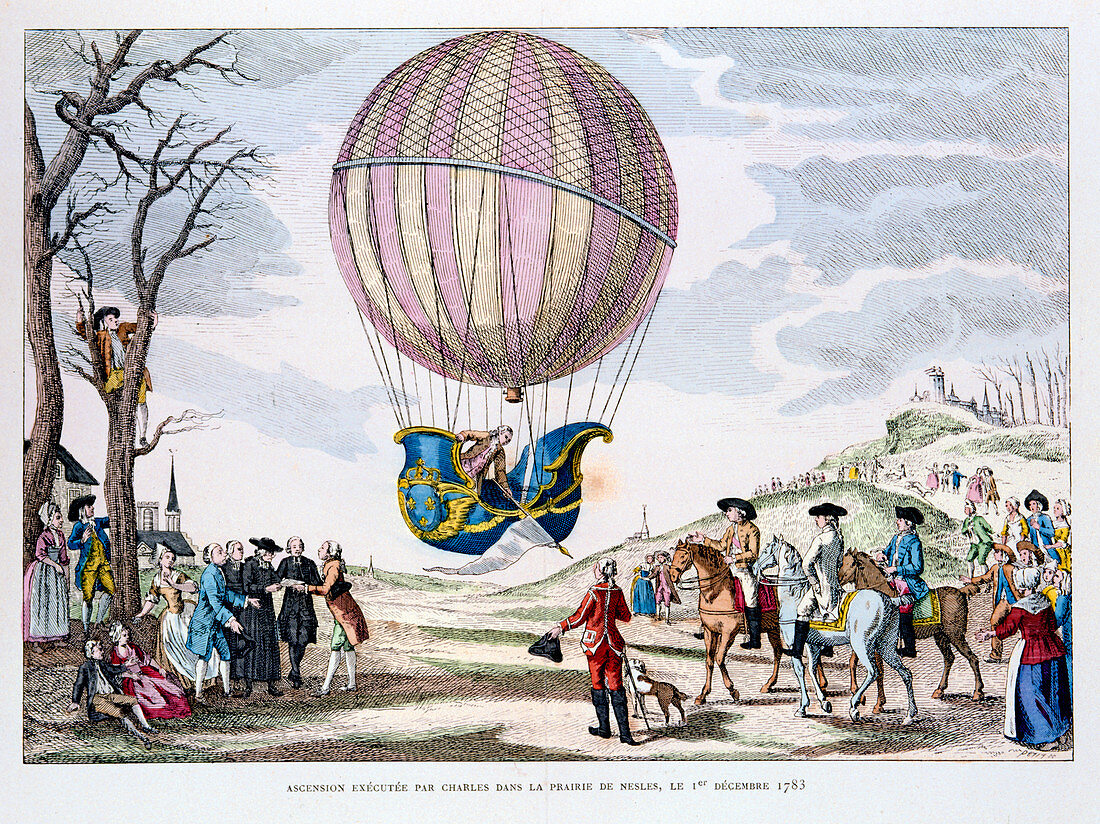 First manned flight in a hydrogen balloon, 1 December 1783