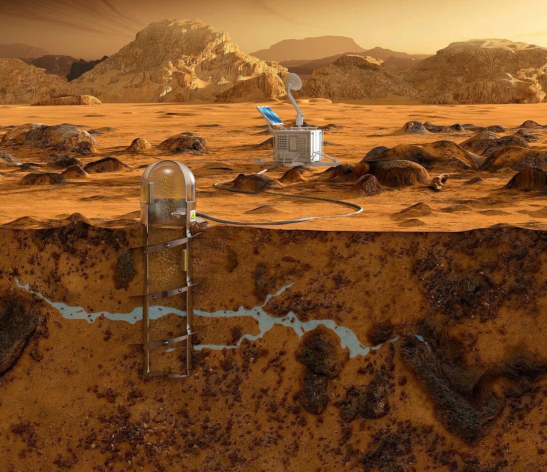 Searching for underground water on Mars, illustration
