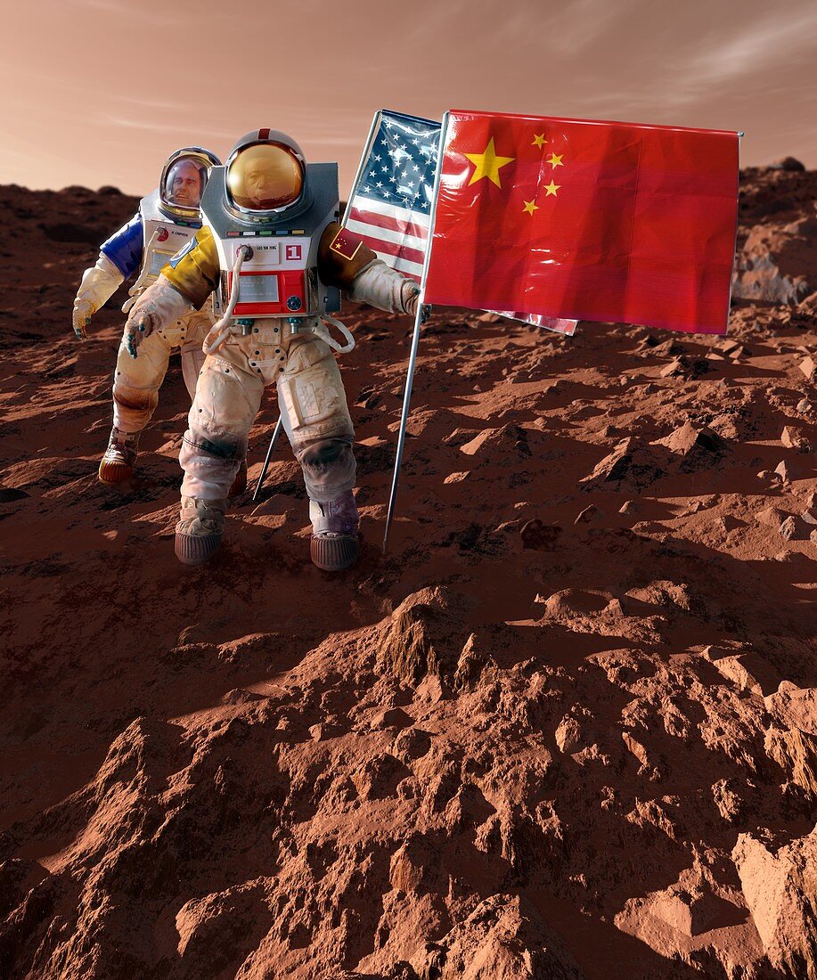 Chinese and US astronauts on Mars, illustration